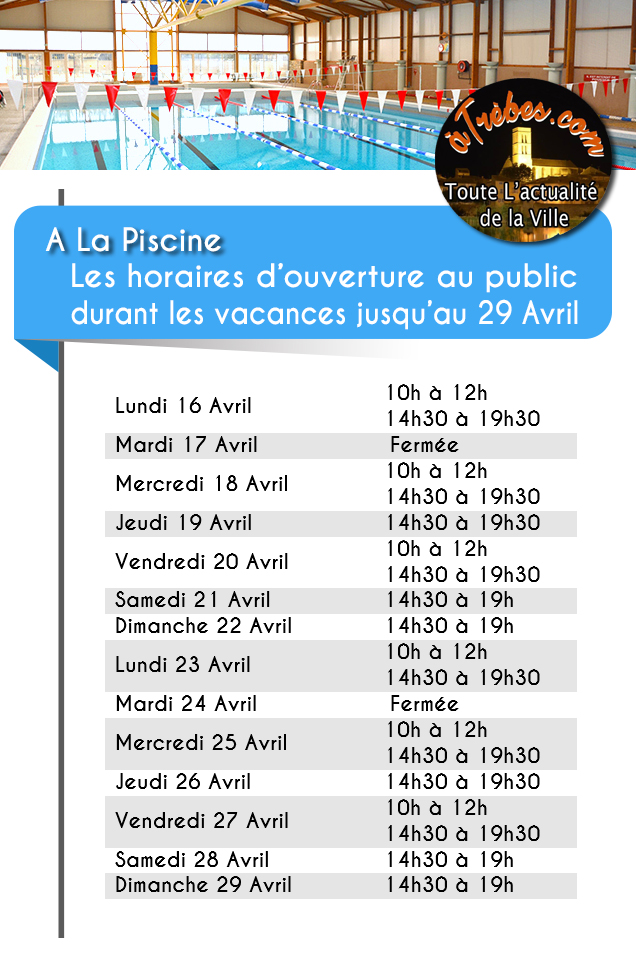 piscine  horaires vacances printemps 2018